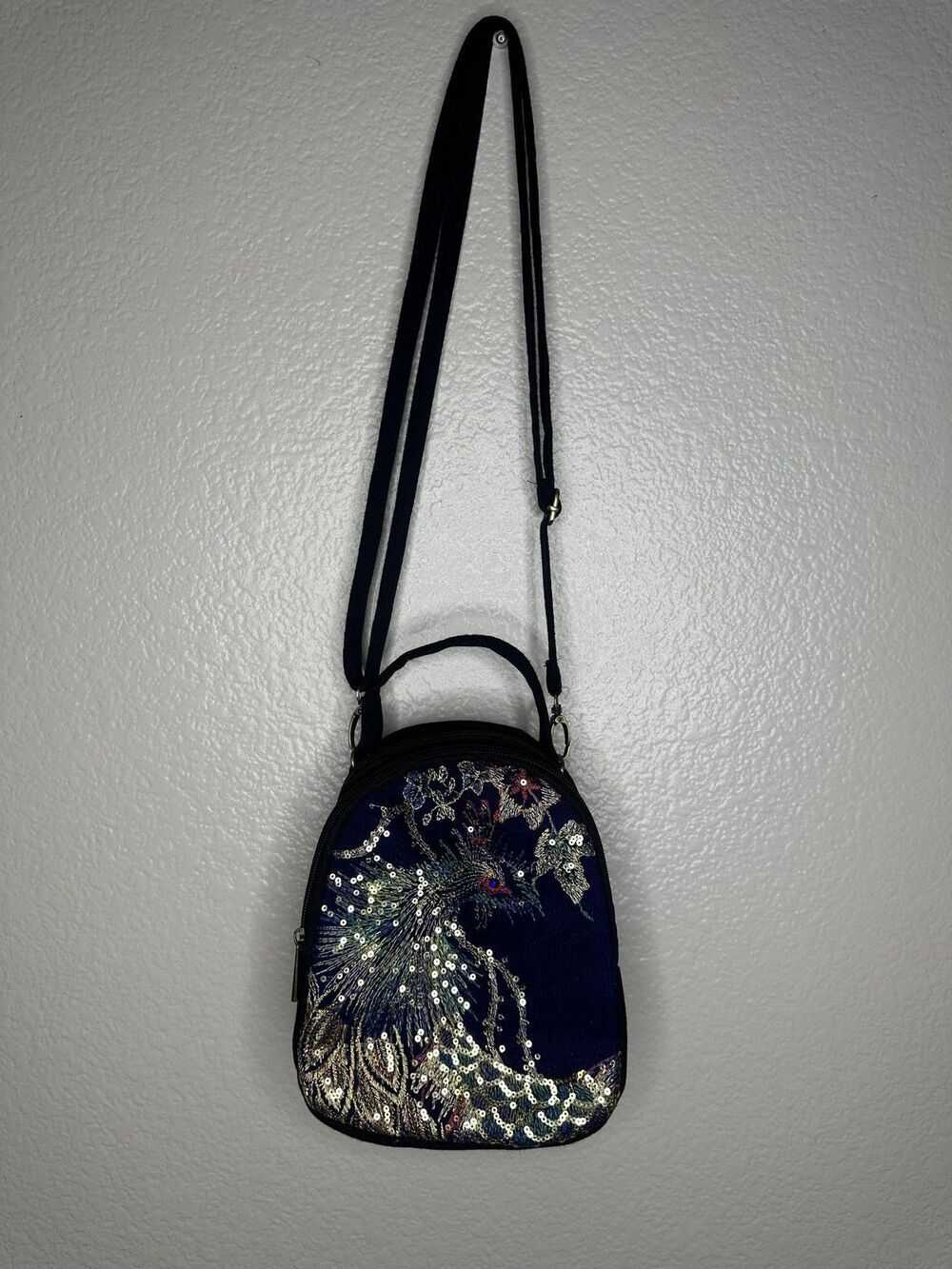 Peacock Crossbody Bag Womens Small Blue Canvas Sequin Bird Adjustable Strap